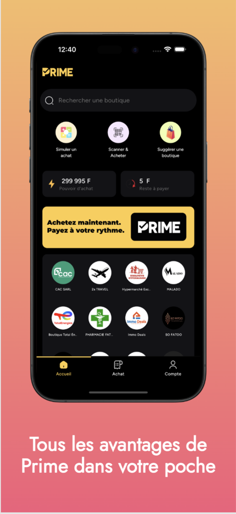 Prime Store - Prime Storeモバイルアプリのホーム画面。購入可能額と、後払い取引の提携販売元リストが表示されています。