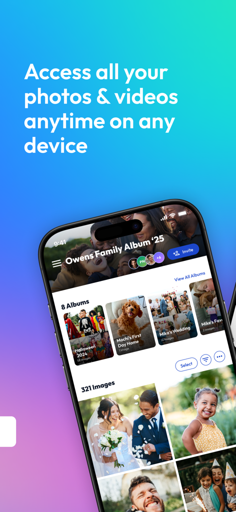 Photobucket: Private sharing - Pantalla de la aplicación Photobucket mostrando álbumes familiares privados y fotos para acceso desde múltiples dispositivos.