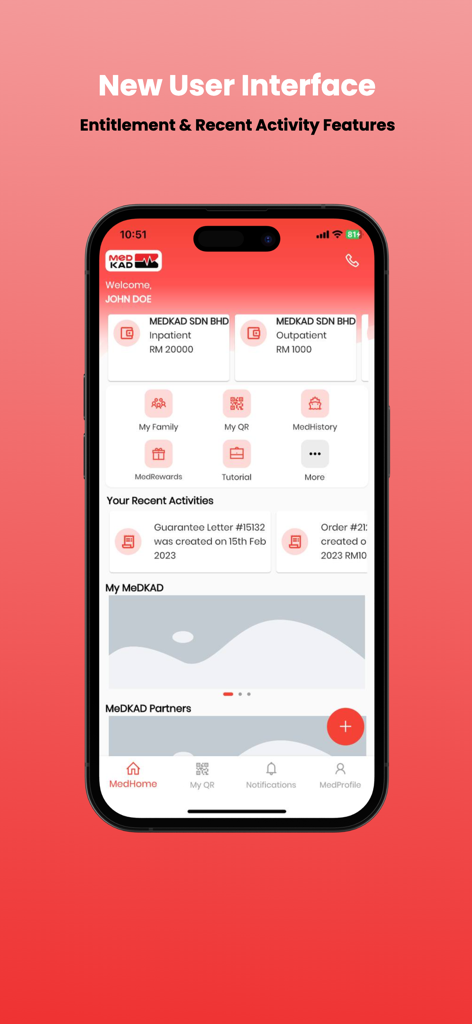 Medkad app dashboard showing medical entitlement and recent activity features on a smartphone screen.