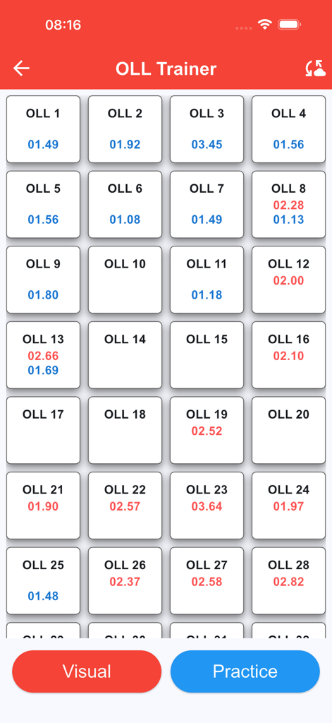Interface of the OLL Trainer within the CFOPTrainer app showing a grid of algorithm cases with individual solve times and practice buttons