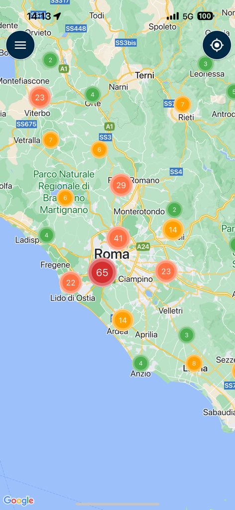Real-time traffic alert map of Rome and the Lazio region in the Astral Infomobilità app.