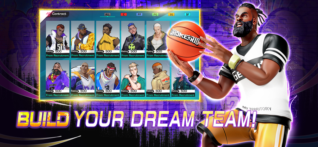 Basketrio: Allstar Streetball - Basketrio streetball game menu showing character recruitment options to build a dream team.