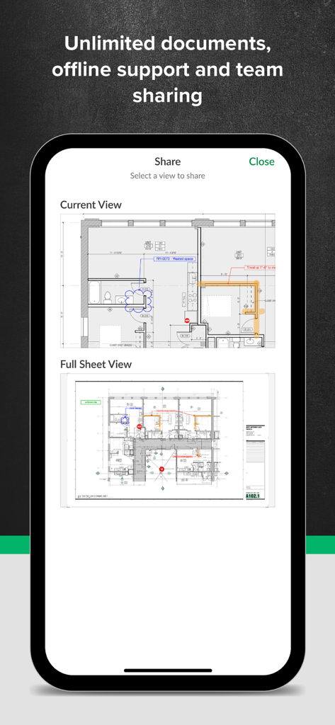 Interfaz de la aplicación STACK Construction Management que muestra la pantalla de compartir para planos de construcción digitales y anotaciones.