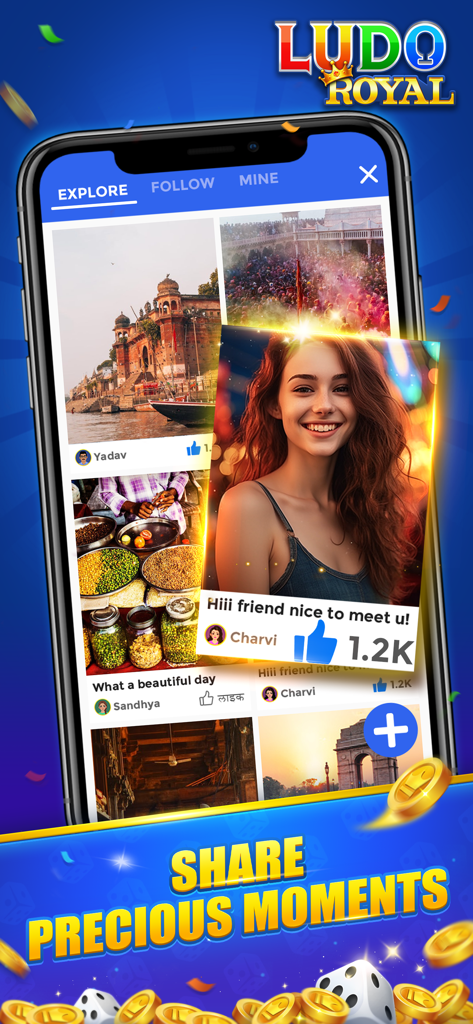 Ludo Royal app moments feature displaying a social media style feed with photos and user likes