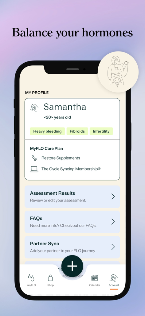 Pantalla de perfil de usuario en la aplicación MyFlo que muestra un plan de cuidado personalizado y etiquetas de salud para el equilibrio hormonal.