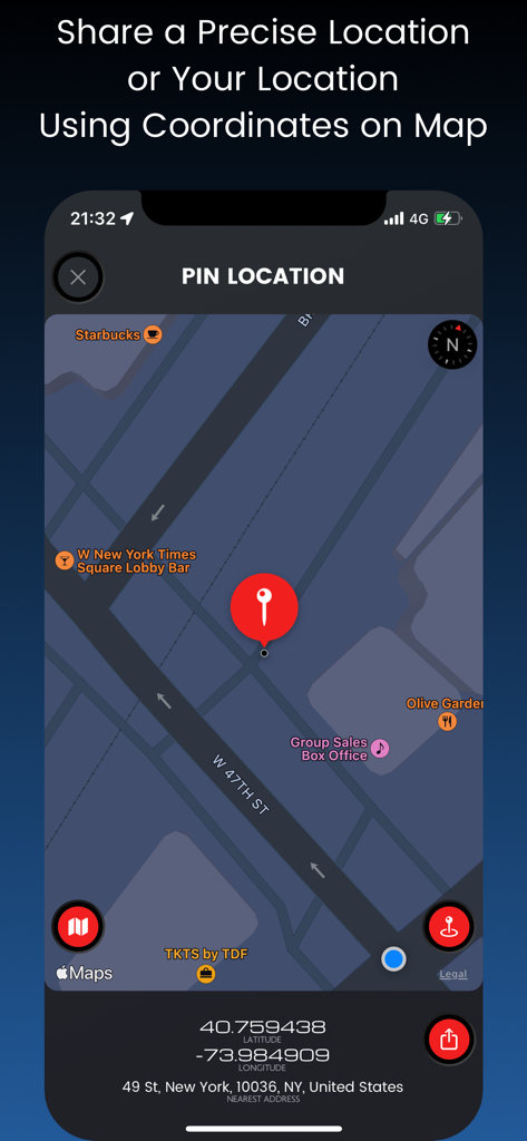 iTools app screen showing a pinned location on a map with latitude and longitude coordinates