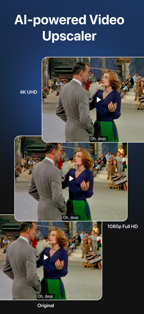Upscal - Image & Video Enhance - AI powered video upscaler comparison showing quality improvement from original to 1080p and 4K UHD resolution