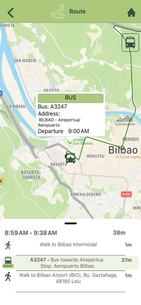 Bizkaibus - Bizkaibus app interface displaying a bus route map and travel itinerary in Bilbao