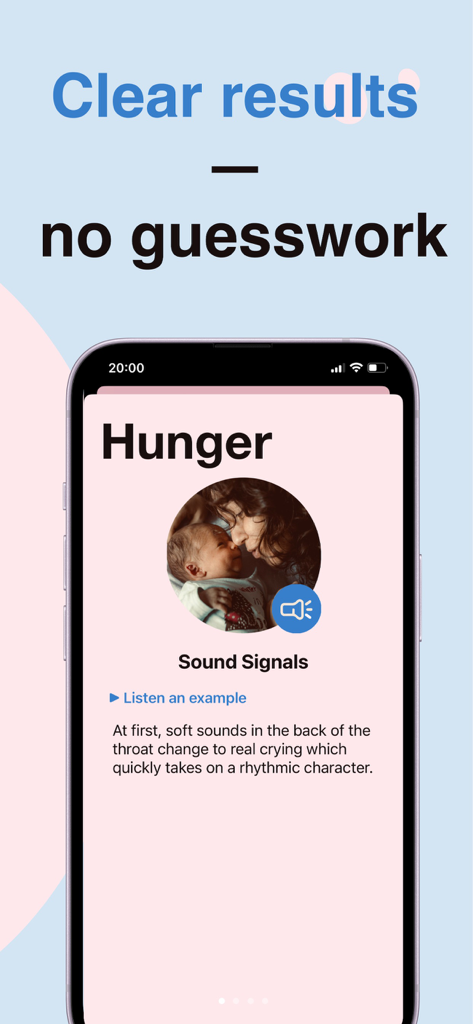 iPhone-Bildschirm, der das Ergebnis einer Baby-Schrei-Analyse anzeigt, die als Hunger identifiziert wurde, mit einer Erklärung der Schallsignale