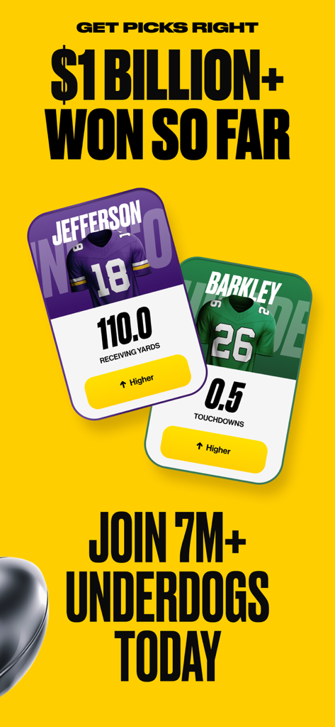 Underdog Sports - Promotional graphic for Underdog Sports app featuring player projections for NFL stars Jefferson and Barkley with higher or lower pick options