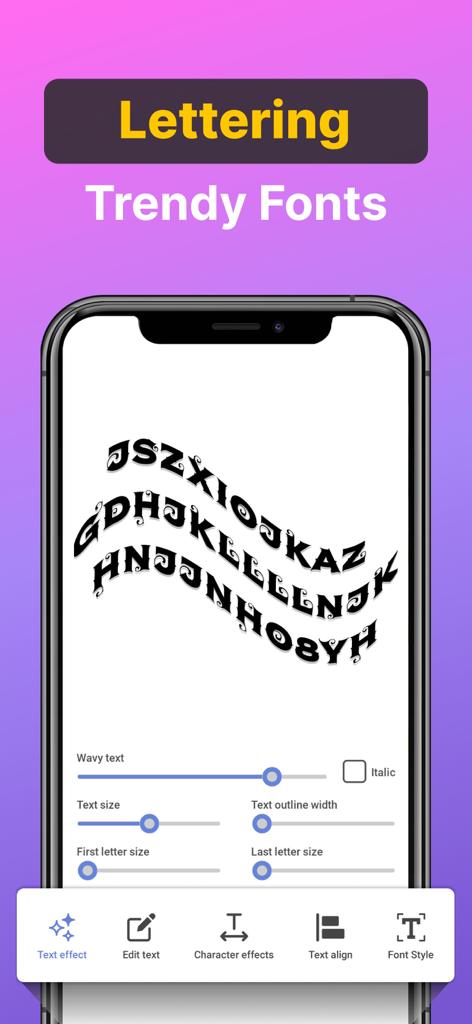 Fonts - Logo Maker - Smartphone screen displaying wavy text customization options in the Fonts Logo Maker app.