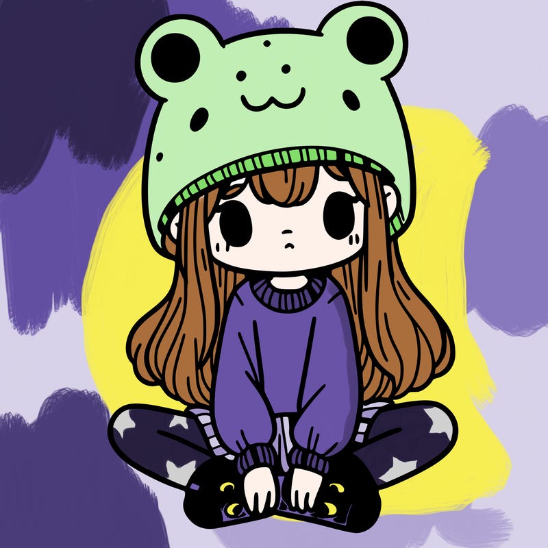 a girl wearing a frog hat and some frog socks