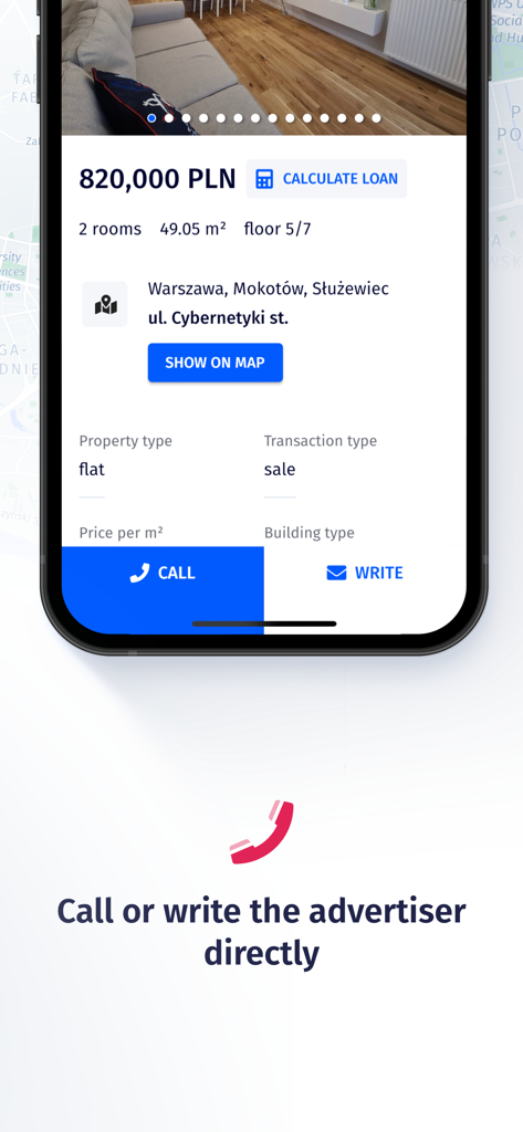 Morizon.pl Real Estate App - Uma listagem de propriedade no aplicativo imobiliário Morizon mostrando detalhes de preço e botões de contato direto