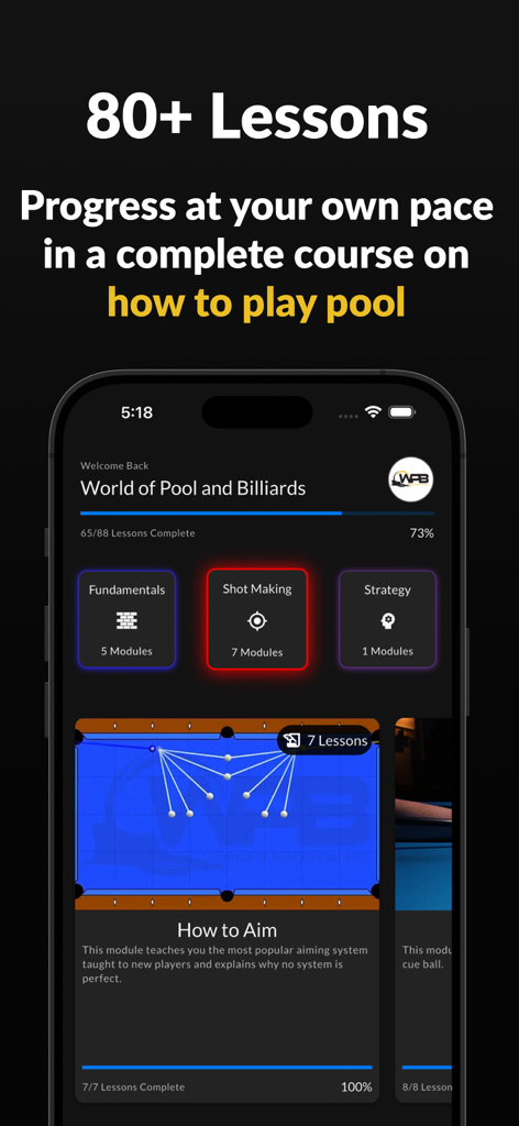 WPB app screen showing over 80 lessons on pool fundamentals shot making and strategy