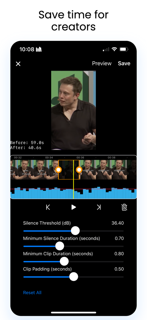 Smartphone screen showing silence removal settings and audio waveform in a video editor app.