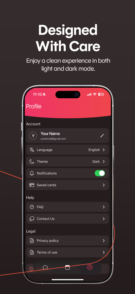 Gjirafa eSIM app profile settings screen in dark mode showing account options and help menu