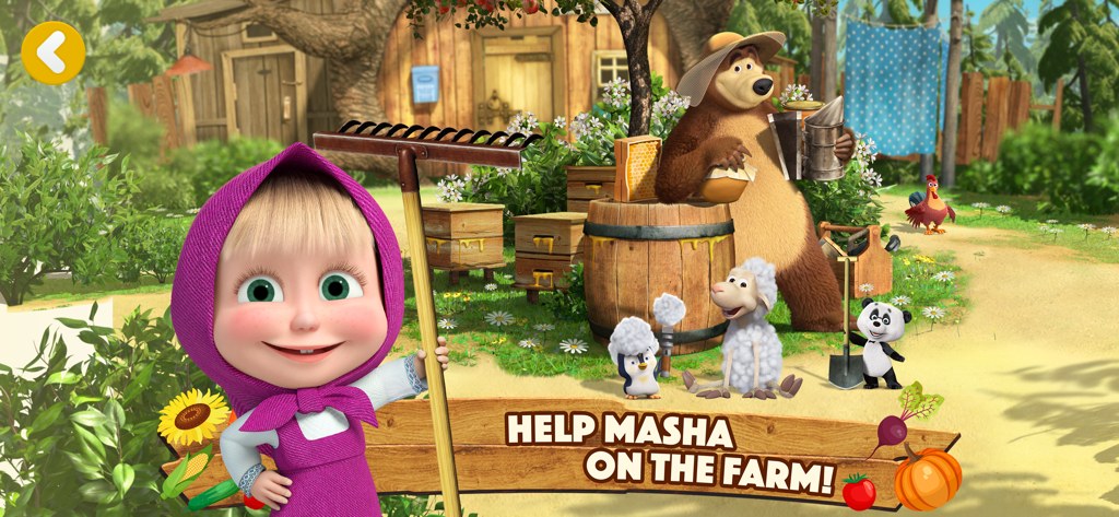 Masha and the Bear: Easy Farm - Masha sosteniendo un rastrillo con el Oso y amigos en un entorno de granja soleado