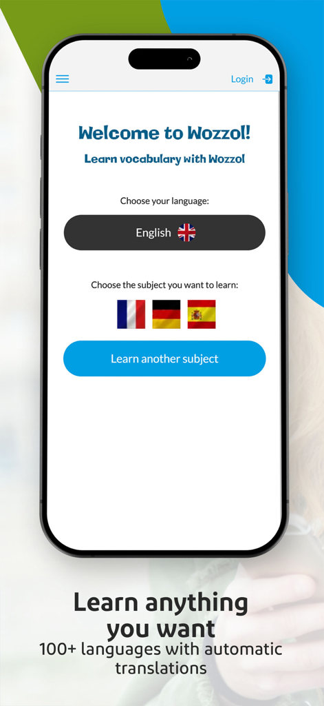 Learn vocabulary with Wozzol - Écran d'accueil de l'application de vocabulaire Wozzol montrant les options de sélection de langue