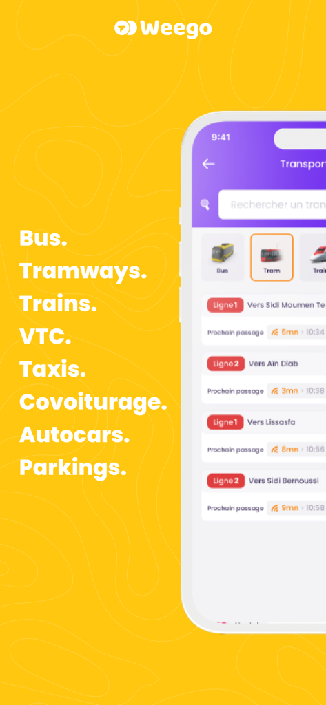 Weego: Move with ease - Weego mobile app interface displaying real-time tram arrival times and various transport options including bus and train.