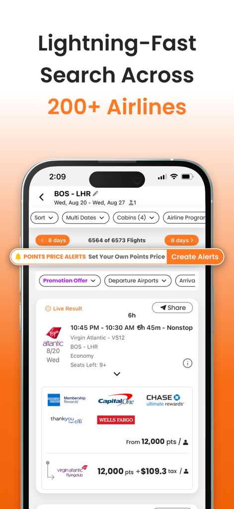 PointsYeah - Interface do aplicativo PointsYeah mostrando resultados de pesquisa de voos com prêmios de companhias aéreas e custos em pontos
