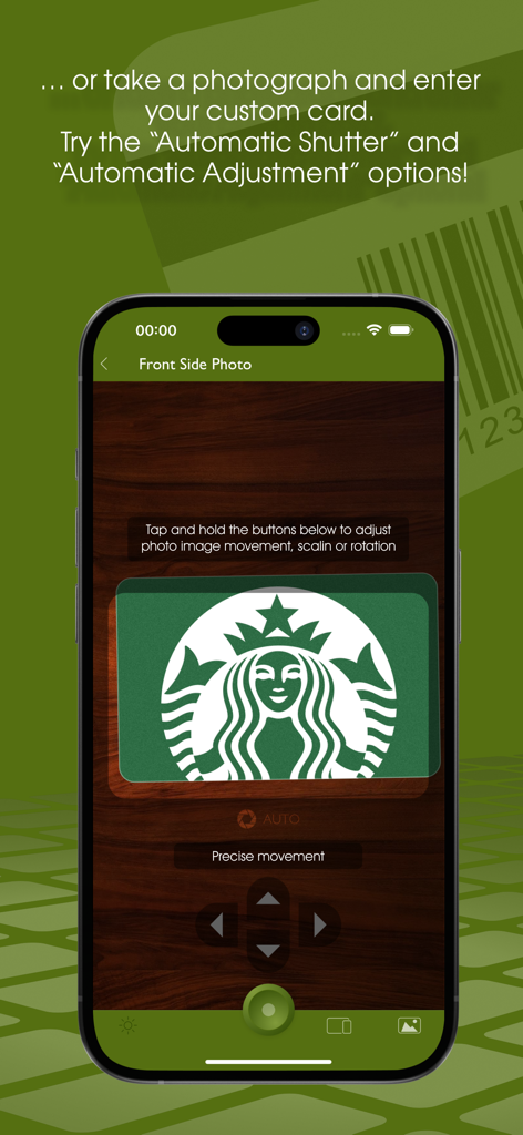 iPhone-App-Oberfläche zum Aufnehmen eines Fotos einer Treuekarte mit automatischer Anpassung und Steuerelementen für die Bewegung