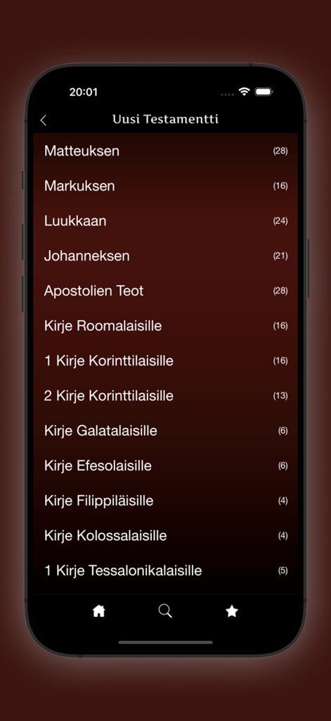 New Testament book selection list in the Finnish Bible app