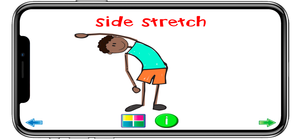 A hand-drawn cartoon boy performing a side stretch exercise on a mobile app screen.