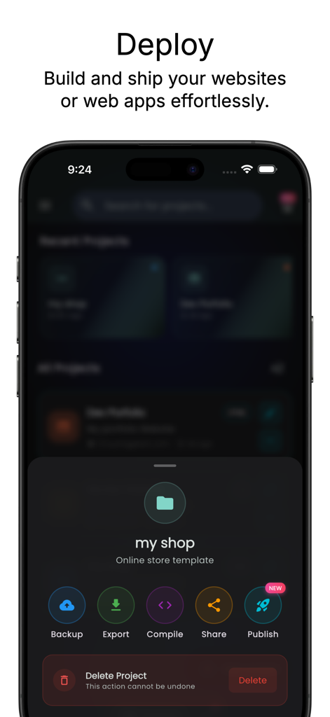 Web IDE: AI Code Editor - Tela do iPhone mostrando opções de implantação e publicação de projeto dentro do aplicativo Web IDE