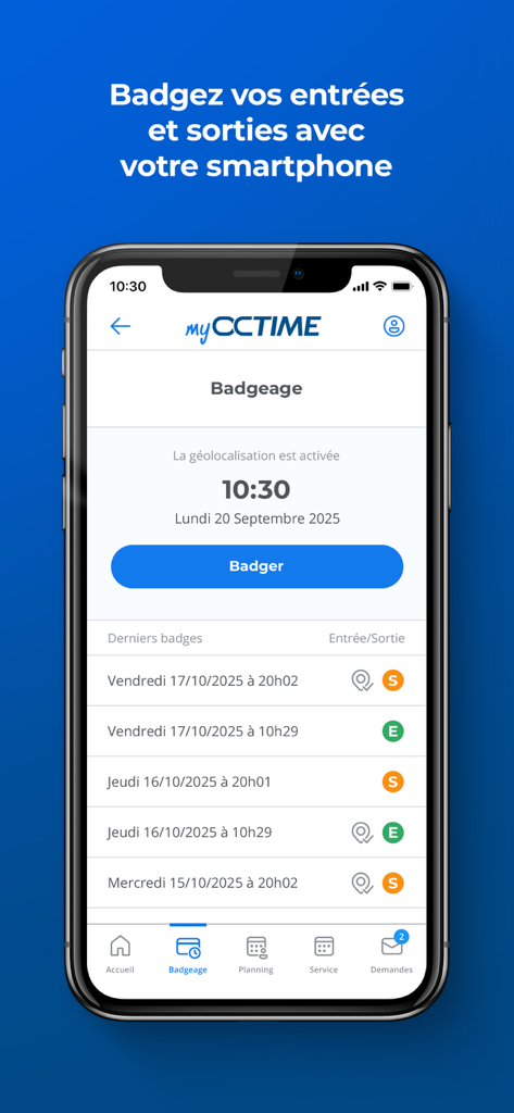 Écran de l'application mobile myOCTIME montrant la fonction d'entrée/sortie avec l'historique des badges