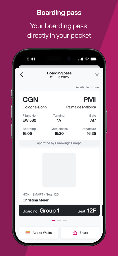 Eurowings - Eurowings mobile app showing a digital boarding pass with flight details and Apple Wallet integration