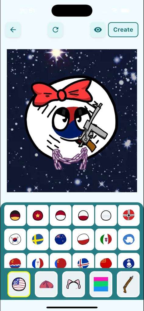 Country Ball Avatar Maker - A South Korea countryball avatar being customized with a red bow and a gun in the app editor