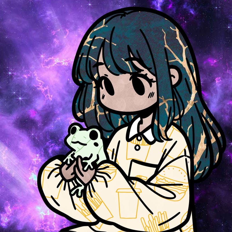 girl with long hair and a oversized shirt. and she is holding a frog