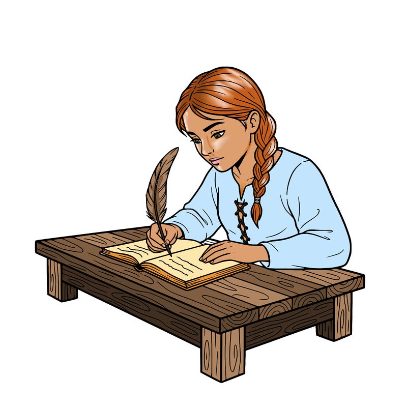 a realistic medivel girl at a wooden desk, writing with a feather in a brown notebook