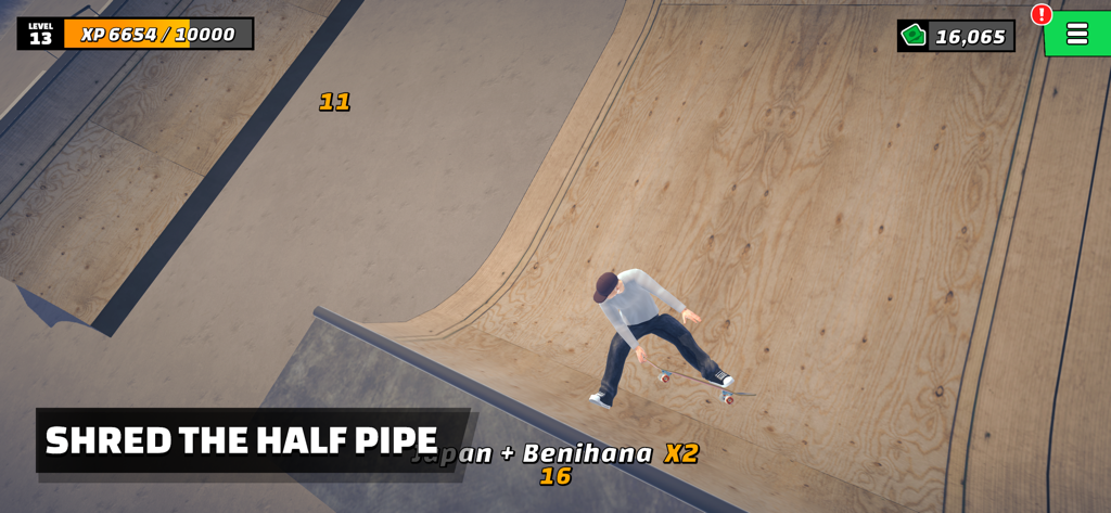 Skate Life 3D - A 3D skateboarding game screenshot showing a skater performing a trick on a wooden half-pipe with UI elements