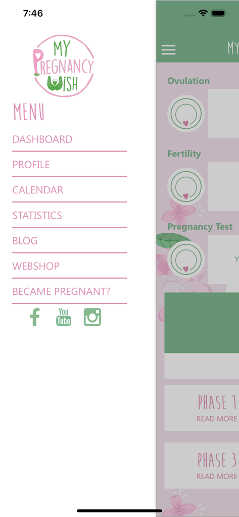 My Pregnancy Wish - Navigation menu of the My Pregnancy Wish fertility app showing options for dashboard calendar and statistics