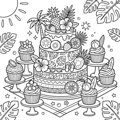 Get ready for a sweet summer adventure with this charming coloring page featuring a delightful vegan cake and matching cupcakes. Adorned with tropical fruits and beachy accessories, it's perfect for kids who love to color and dream of sunshine.