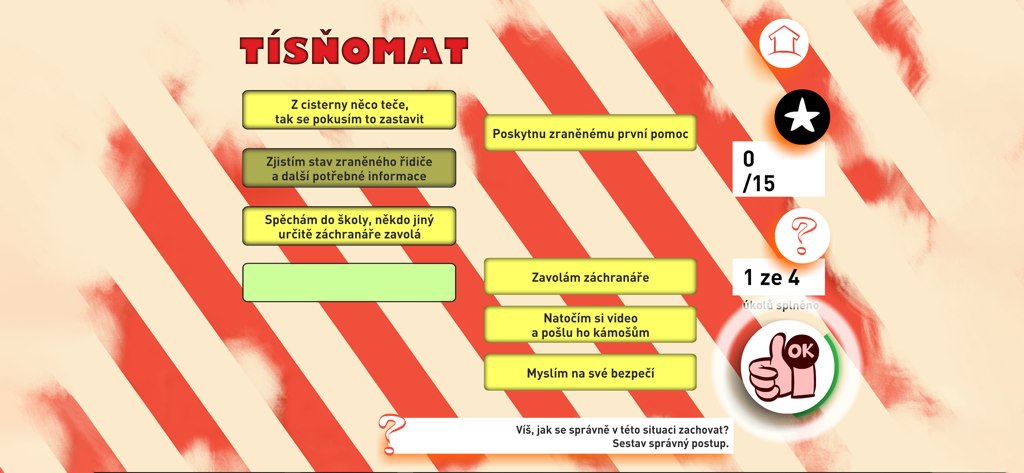 Tísňomat - nácvik volání - Una pantalla de juego interactiva de opción múltiple de la aplicación de entrenamiento de emergencia Tisnomat que muestra opciones de procedimientos de seguridad