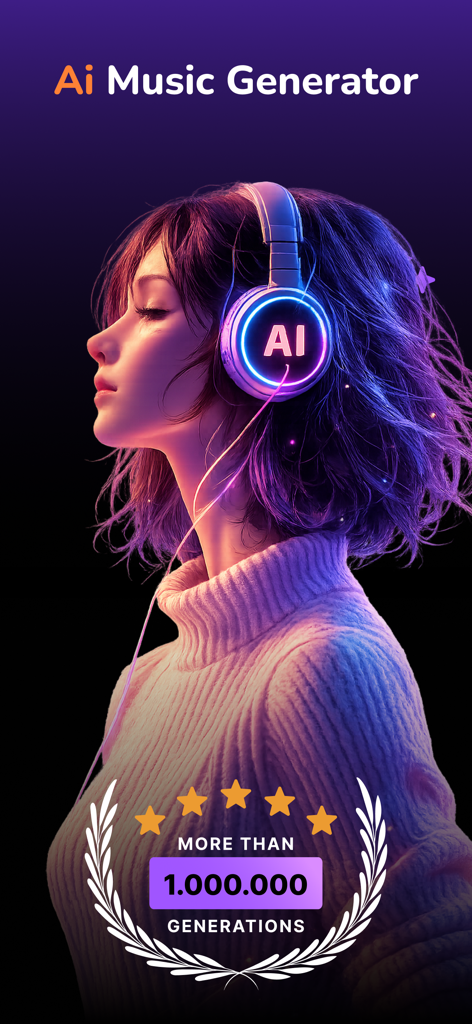 AI Song maker. Music generator - Uma jovem usando fones de ouvido com IA brilhantes representando o aplicativo Gerador de Músicas com IA com mais de um milhão de gerações.