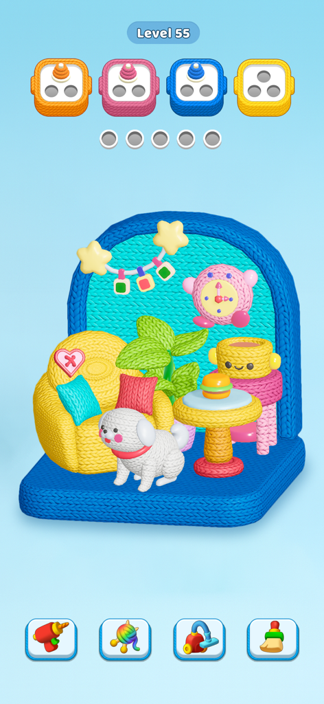 A colorful knitted living room scene with a dog and armchair in a mobile sorting puzzle game