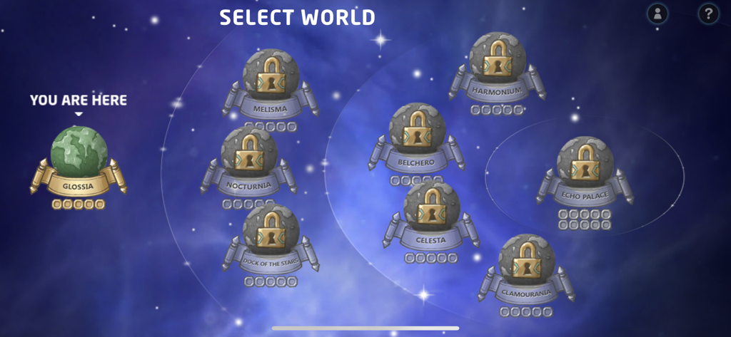 World selection screen in the Sound Storm app featuring different galactic planets and locked levels