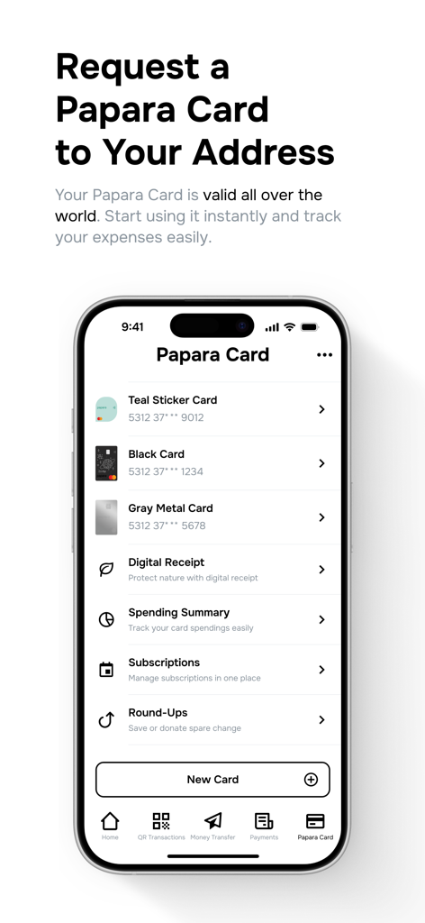 Papara - Interface de l'application Papara montrant différentes options de cartes physiques, y compris des cartes autocollantes et métalliques avec un bouton de demande de nouvelle carte