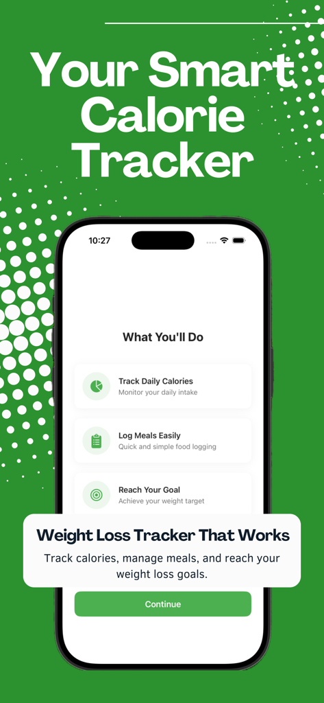 Calorie Tracker: Macros & Diet - Smartphone onboarding screen for the Calorie Tracker app featuring weight loss and daily calorie monitoring goals.