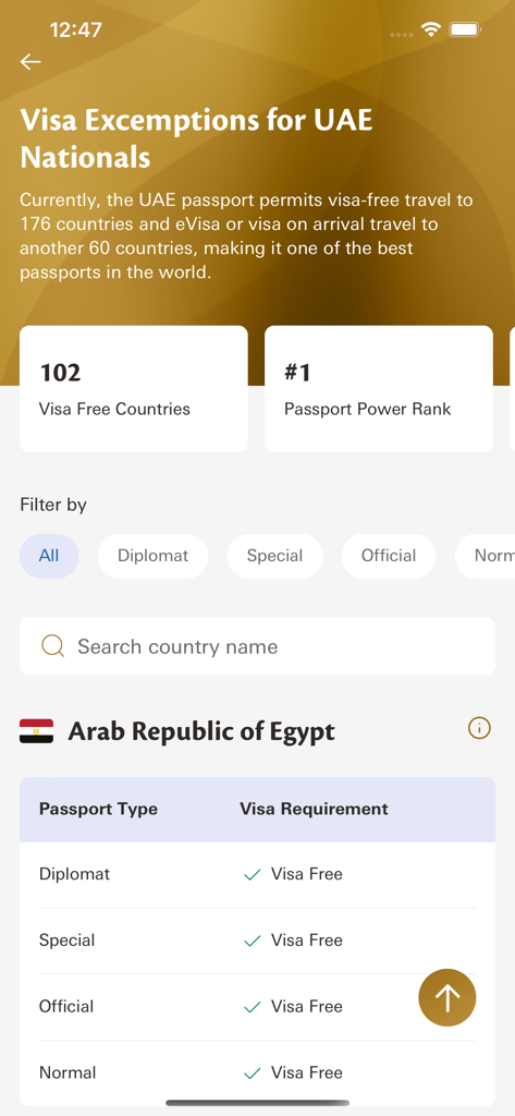 UAE MOFA - Mobile app screen showing visa exemptions for UAE nationals and passport power ranking