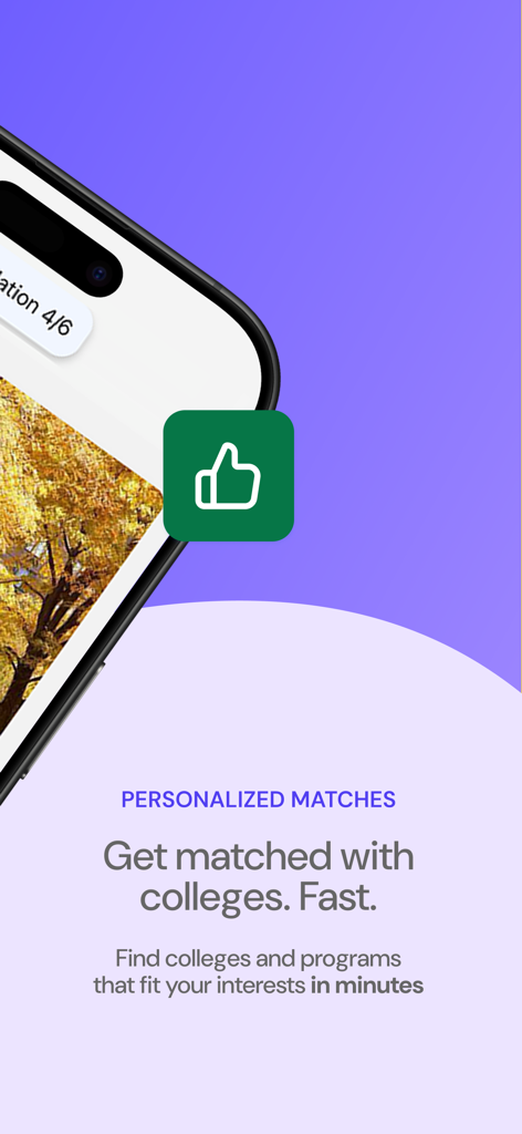 Loper mobile app interface showing personalized college matches and interest-based program searches