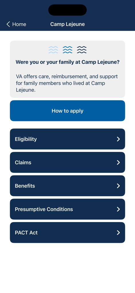 CHAMPVA app screen showing Camp Lejeune program details including eligibility and claims