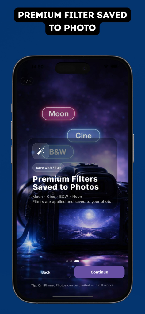 Ultra Zoom 1000x Moon Camera - Eine mobile App-Oberfläche für die Ultra Zoom 1000x Mondkamera, die Premium-Filteroptionen wie Moon Cine B&W und Neon für gespeicherte Fotos zeigt