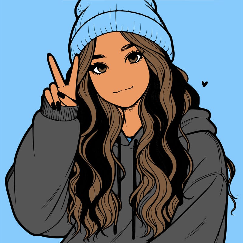a teenage girl in a beanie, oversized sweatshirt, wavy long hair, and is showing a ✌️