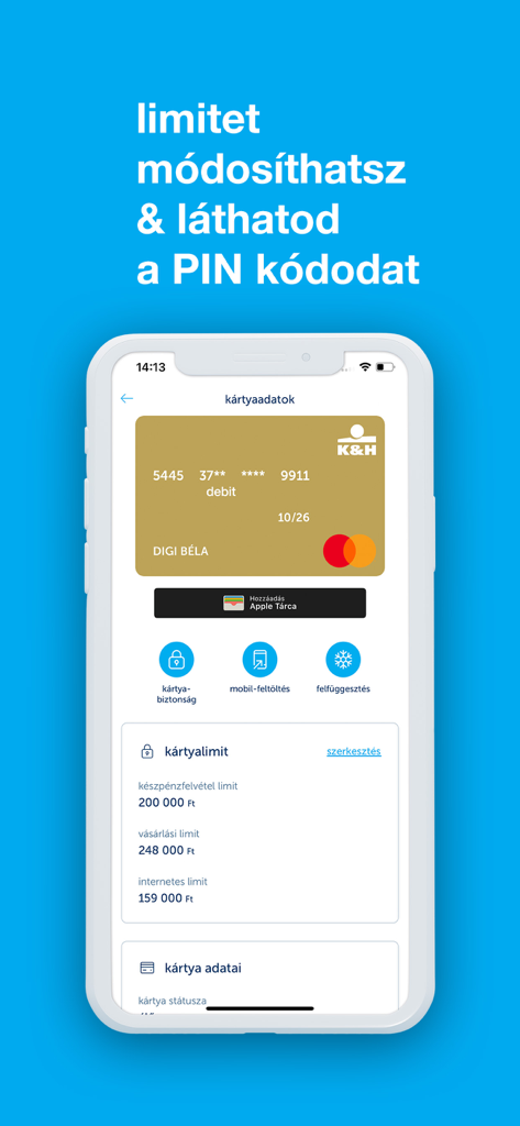 K&H mobilbank - Tela do aplicativo KH mobilbank exibindo detalhes do cartão de débito e opções de gerenciamento de limites