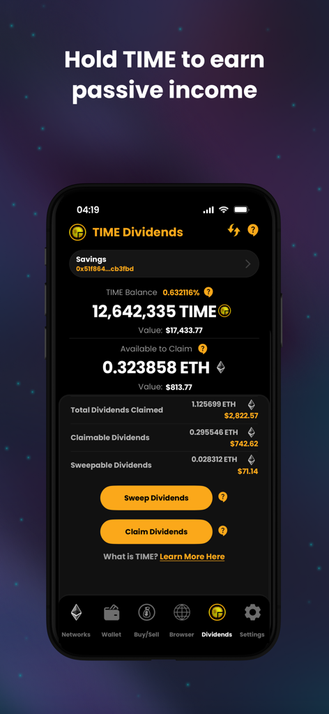 Internet Money - Crypto Wallet - Interface showing TIME token dividends and passive income options in the Internet Money crypto wallet app.