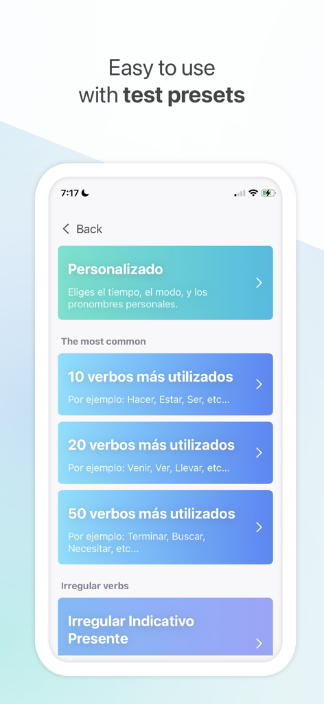 Verbos + - Interface do aplicativo Verbos plus mostrando diferentes predefinições de teste para conjugação de verbos em espanhol, incluindo os verbos mais comuns e irregulares